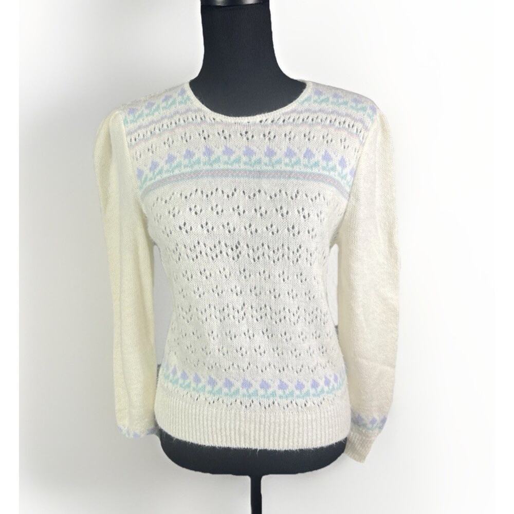 Pandora Sweater Sz L Cream Long Puff Sleeve Floral Lightweight Winter 80s VTG